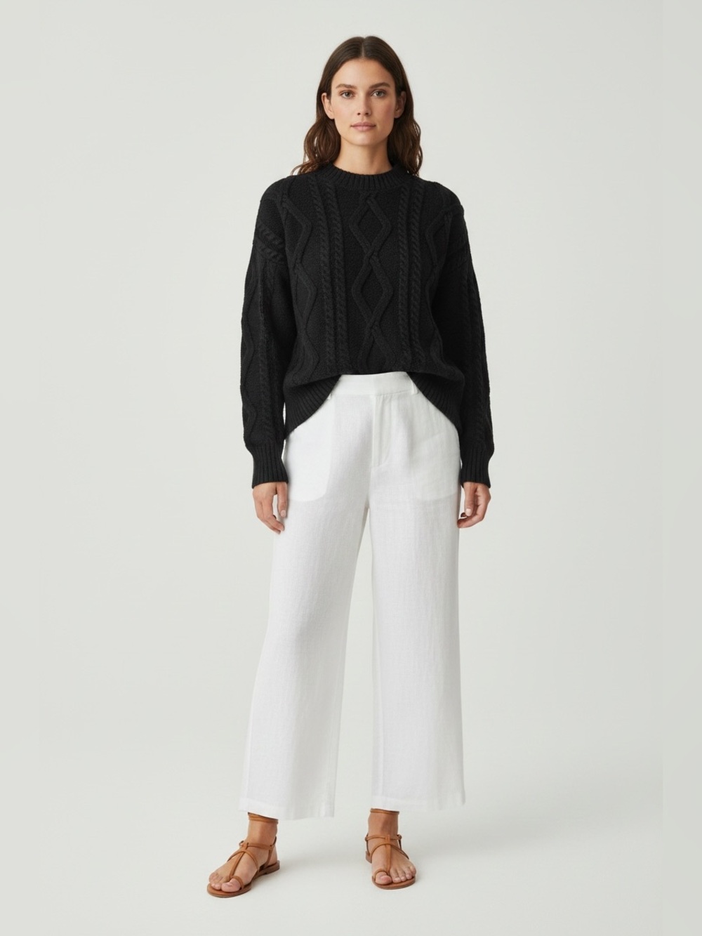 NWT Zaful Women Size 8-10 Black Cable Knit Crewneck Sweater Heavy Fisherman